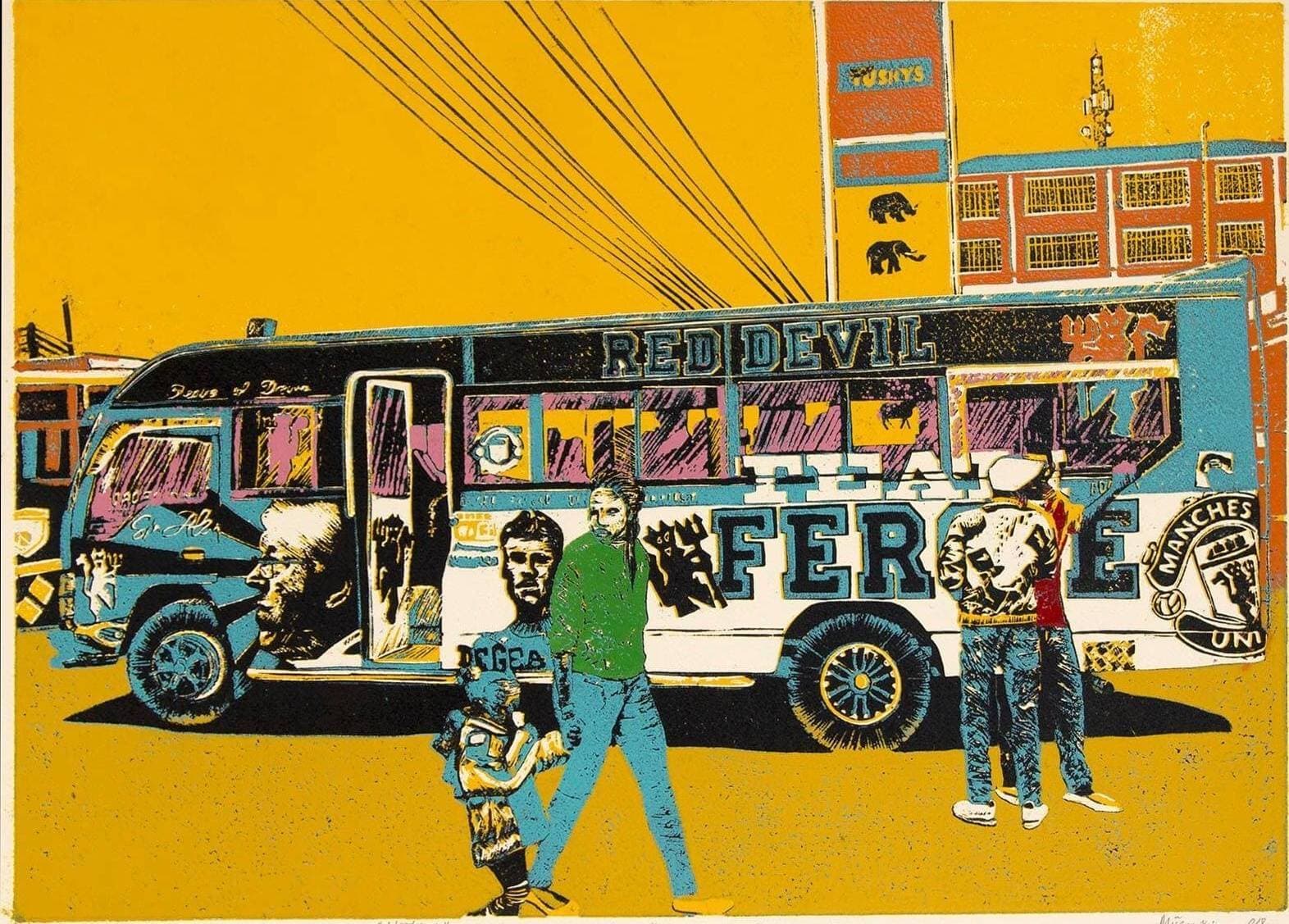Red Devils Fergie - RT. 125 matatu art print by Dennis Muraguri