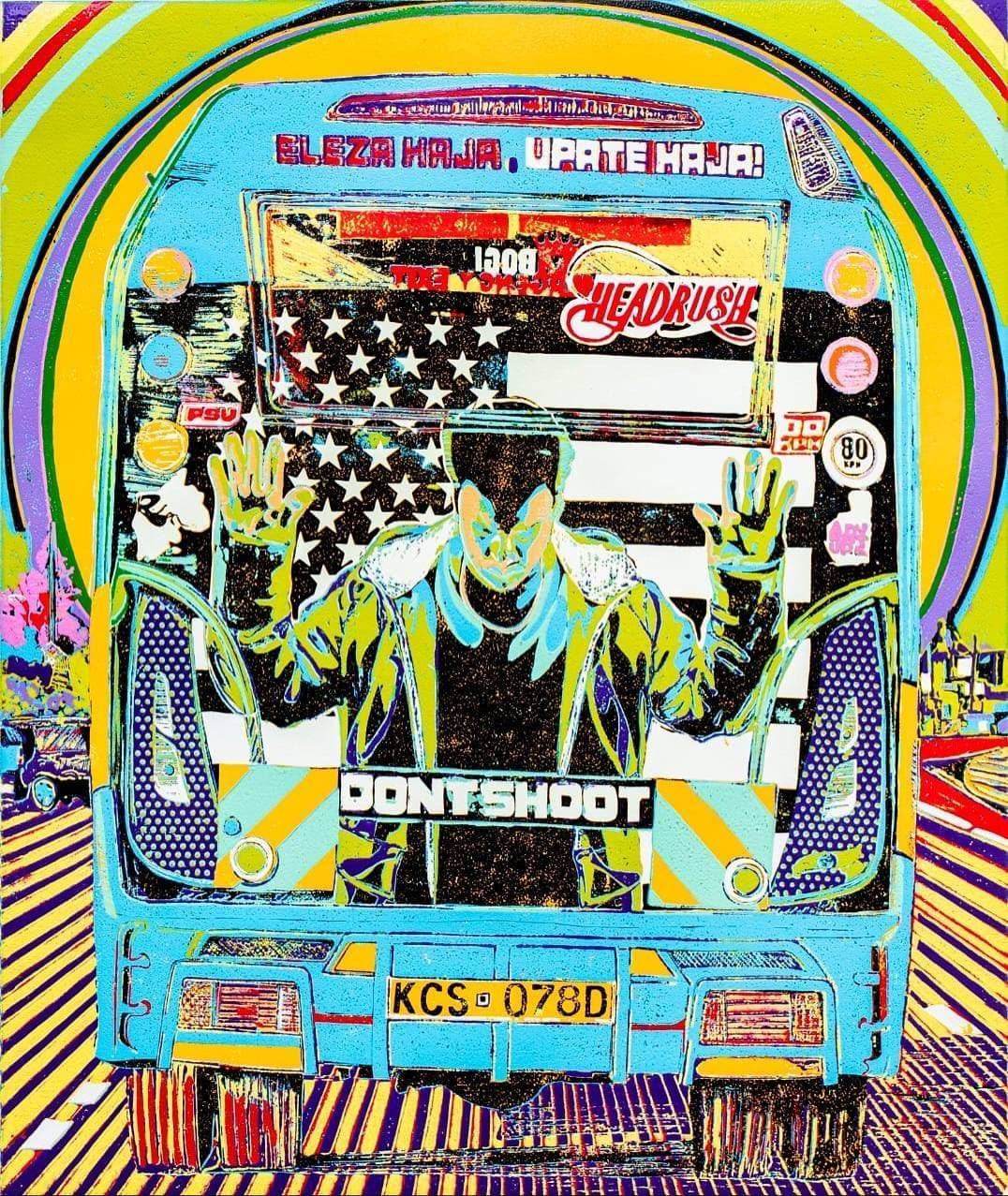 Don't Shoot! Blue matatu art print by Dennis Muraguri