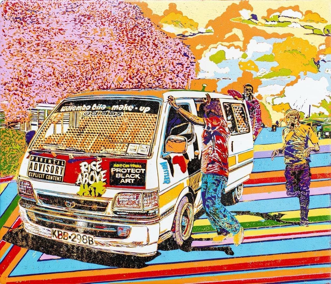 Warembo Bila Make-up red matatu art print by Dennis Muraguri